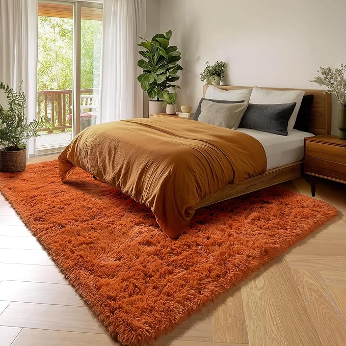 Amdrebio Burnt Orange Area Rugs for Living Room Bedroom, 6x9 Shaggy Furry Fuzzy Fluffy Rug for Kids Room Decor Aesthetic, Large Cute Plush Shag Dark Orange Carpet for Nursery Dorm Classroom Playroom