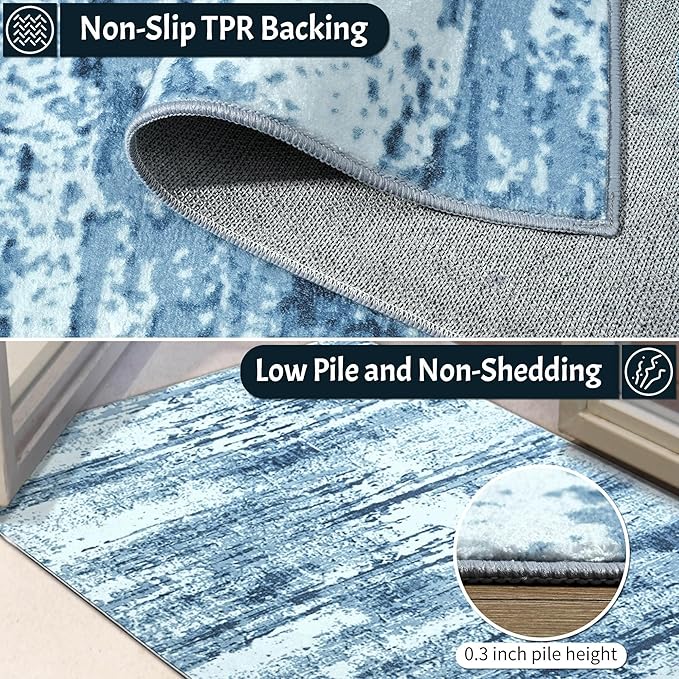 Runner Rug 2x6 Washable Rug Runners for Hallways Kitchen Non-Slip Rugs Abstract Print Soft Faux Wool Carpet Runner for Entryway Indoor, Bedroom Bedside, Laundry, Dorm, Home Decor (Blue)