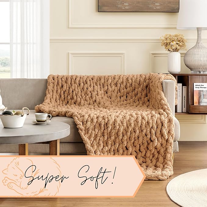 Adyrescia Chunky Knit Blanket Throw | 100% Hand Knit with Jumbo Chenille Yarn (50"x60", Caramel Brown)