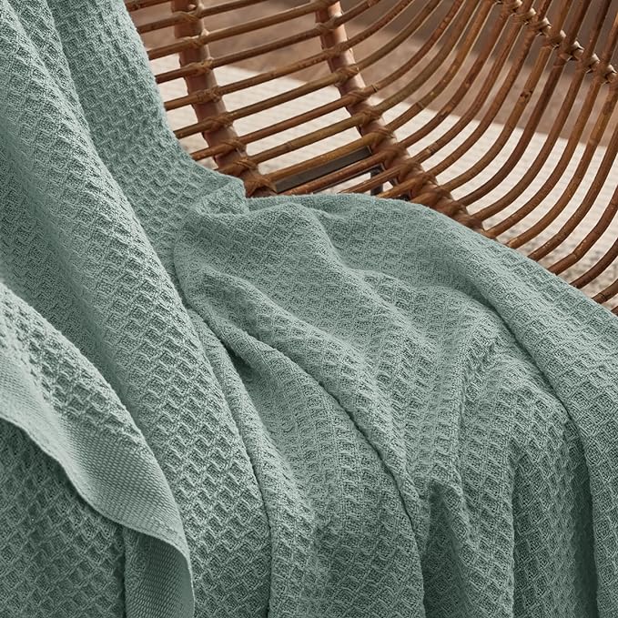 Bedsure Gentlesoft 100% Cotton Big Blanket Oversized King for Bed - Large Breathable Thick Cooling Waffle Weave Blanket for Summer, Couch Cover, Sage Green, 120x94 inches