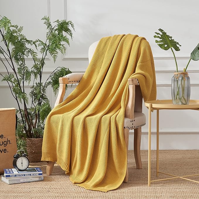 Longhui bedding Mustard Yellow Cotton Cable Knit Throw Blanket for Couch Sofa Bed, Home Decorative Lightweight Knitted Blankets with Bonus Laundering Bag, 50“ x 60”, Machine Washable