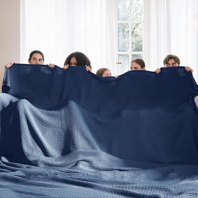 Bedsure Gentlesoft 100% Cotton Big Blanket Oversized King for Bed - Large Breathable Thick Cooling Waffle Weave Blanket for Summer, Couch Cover, Navy, 120x94 inches