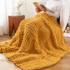 Bunnikins & Clover Mustard Yellow Throw Blanket for Couch, Chunky Knit Gold Blanket Throw with Chenille Yarn for Bed Living Room Home Decor, 50"x60"
