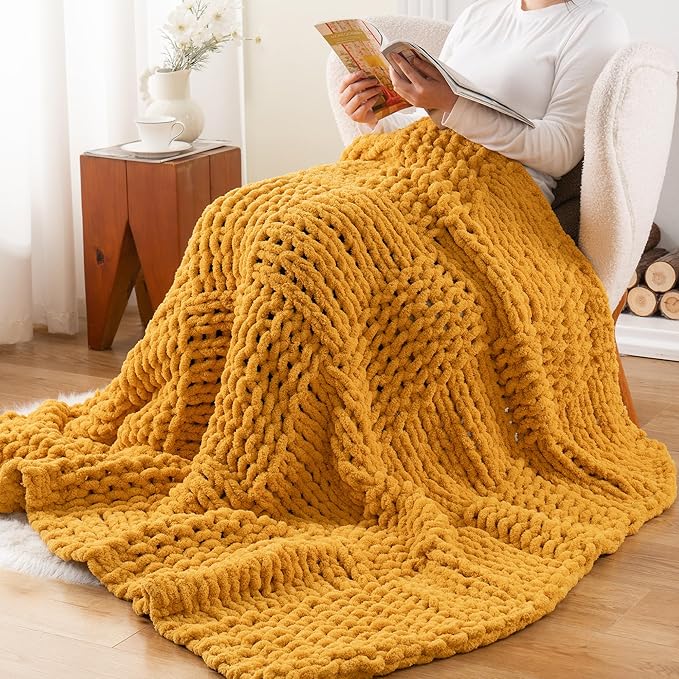 Bunnikins & Clover Mustard Yellow Throw Blanket for Couch, Chunky Knit Gold Blanket Throw with Chenille Yarn for Bed Living Room Home Decor, 50"x60"
