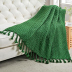 Chunky Knit Throw Blanket with Braided Tassels 50" x 60", Hand Knitted Soft Thick Yarn Basket Weave Boho Farmhouse Blanket, Plush Fluffy Tassel Decor Throw for Couch Bed Sofa, Christmas Green