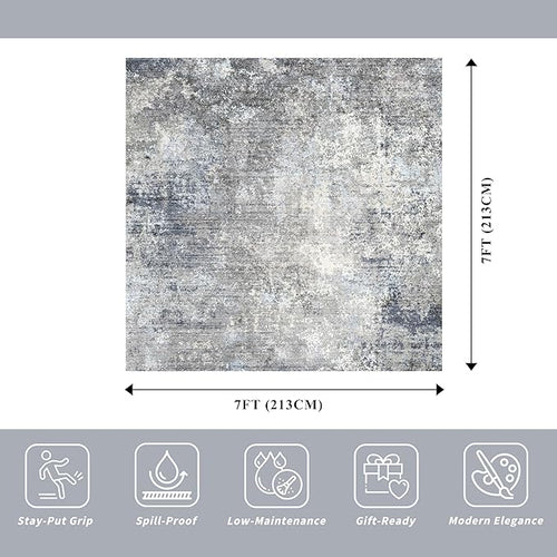 7x7 Square Rug Machine Washable – Modern Neutral Abstract Non-Slip Area Rug for Dining Room Living Room Kitchen Bedroom – Low-Pile Accent Indoor Carpet (Blue Grey, 7x7)
