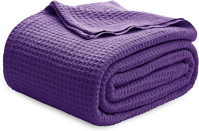Bedsure Gentlesoft 100% Cotton Blanket Queen Size for Bed - Breathable and Soft for Spring Summer, Thick Cozy Waffle Weave Blanket Gifts for Women, Purple, 90x90 Inches