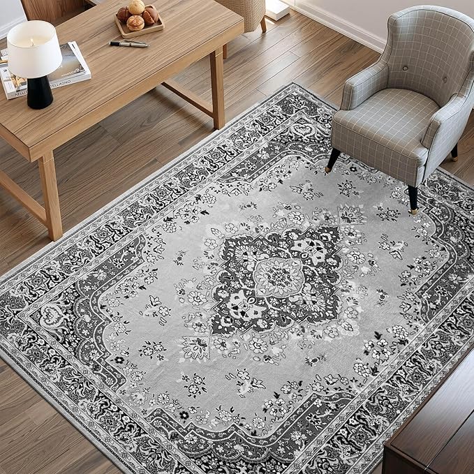 CRYPTOLITE Vintage Area Rug 5x8 Rugs, Machine Washable Vintage Area Rug Non-Slip Low Pile Large Rug for Living Room, Bedroom, Farmhouse, Dining Room, Grey