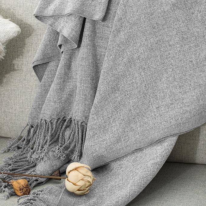 Chenille Throw Blanket for Couch with Tassels,55"X75" Soft Lightweight Knitted Boho Decorative Blankets for Bed and Sofa,Light Grey