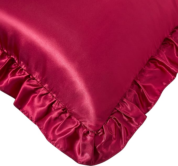 Silky Satin Ruffled Pillow Cases for Hair and Skin,Wine Red Silk Pillowcases Queen Set of 2 with Envelope Closure Princess Room Decoration