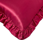 Silky Satin Ruffled Pillow Cases for Hair and Skin,Wine Red Silk Pillowcases Queen Set of 2 with Envelope Closure Princess Room Decoration