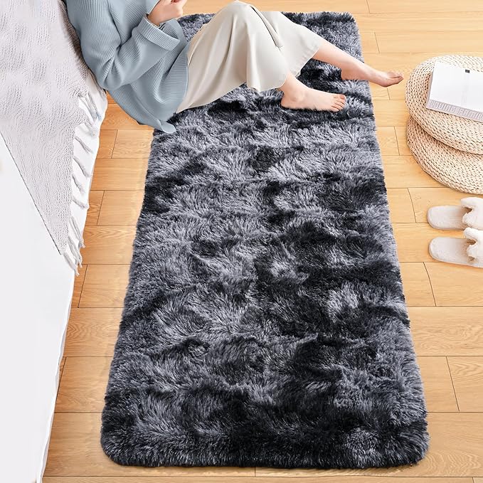 ISEAU Runner Rug for Bedroom, 2x6 Feet Shag Area Rug with Upgrade Non Slip, Fluffy Carpet Runner for Hallway, Fuzzy Soft Living Room Rugs for Boys Bedroom Decor, Dark Grey