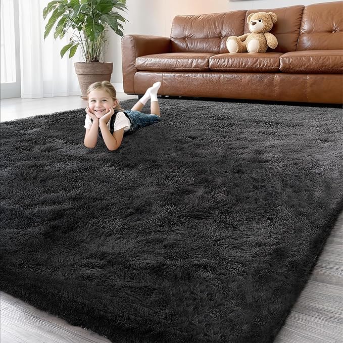 Shag Black Rug 6x9 Area Rugs for Bedroom Living Room - Non Slip Ultra Soft Large Fluffy Fuzzy Plush Shaggy Furry Bedside Rug for Dorm Kids Room Nursery Playroom,Home Office Modern Carpet