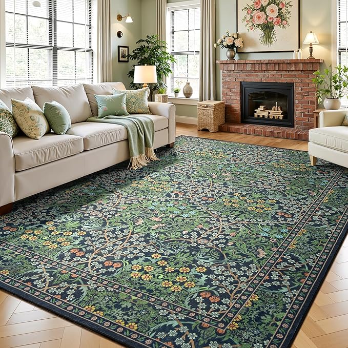 Lessymo Floral Living Room Rug 5x7 Area Rug, Vintage Forest Washable Rugs for Dining Room, Bedroom, Low Pile Non Slip Rubber Green Mat, Vintage Distressed Boho Flower Print, Forest Green