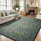 Lessymo Floral Living Room Rug 5x7 Area Rug, Vintage Forest Washable Rugs for Dining Room, Bedroom, Low Pile Non Slip Rubber Green Mat, Vintage Distressed Boho Flower Print, Forest Green