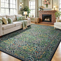 Lessymo Dining Room Rugs for Under Table, 6x9 Washable Forest Green Oriental Area Rug for Living Room, Non Slip Low Pile Carpet for Bedroom, Stain Resistance Vintage Floral Design Decor