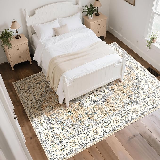 CRYPTOLITE 9x11 Area Rug for Living Room, Modern Washable Rug Non Slip Low Pile Large Area Rugs for Living Room, Bedroom, Farmhouse, Dining Room,Beige