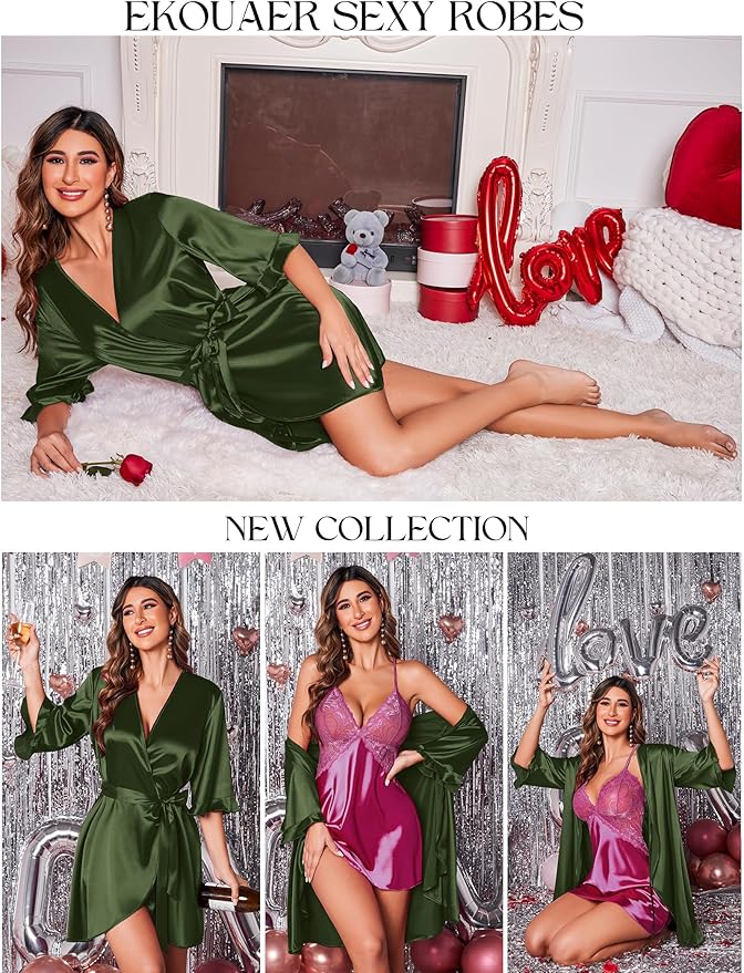 Ekouaer Women's Satin Robe Valentines Lingerie for Women Kimono Bathrobe Short Ruffle Belted Robes Bridesmaids Sleepwear