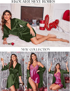 Ekouaer Women's Satin Robe Valentines Lingerie for Women Kimono Bathrobe Short Ruffle Belted Robes Bridesmaids Sleepwear