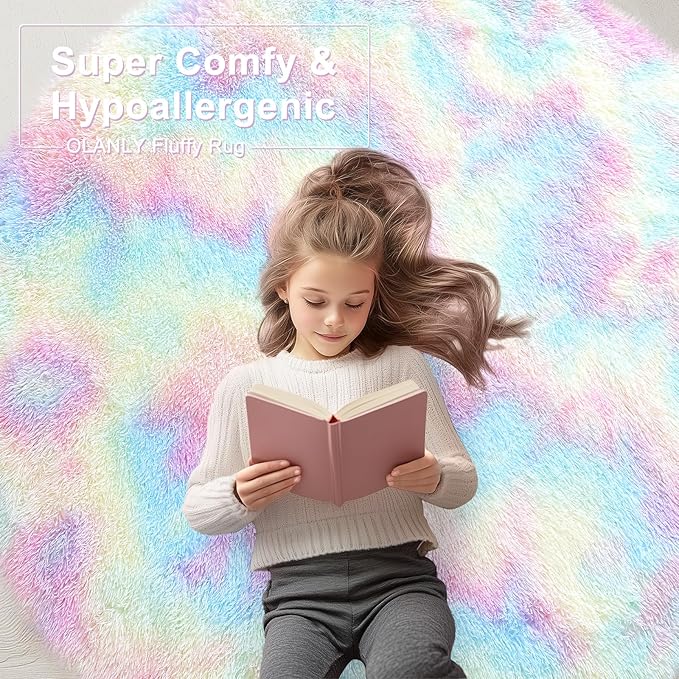 OLANLY Area Rugs for Living Room Bedroom, Machine Washable 2x3 Feet Soft Fluffy Shaggy Bedside Rug, Indoor Floor Carpet for Kids Girls and Boys, Dorms, Nursery Room, Home Decor Aesthetic, Rainbow
