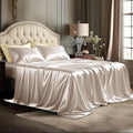 Bedsure Satin Sheets King Size - 4 Piece Silky Bedsheets with Elastic Corner Straps and 15 Inches Deep Pocket Fitted Bedsheet,1 Flat Sheet, 2 Satin Pillowcases, Good for Hair & Skin (King, Beige)