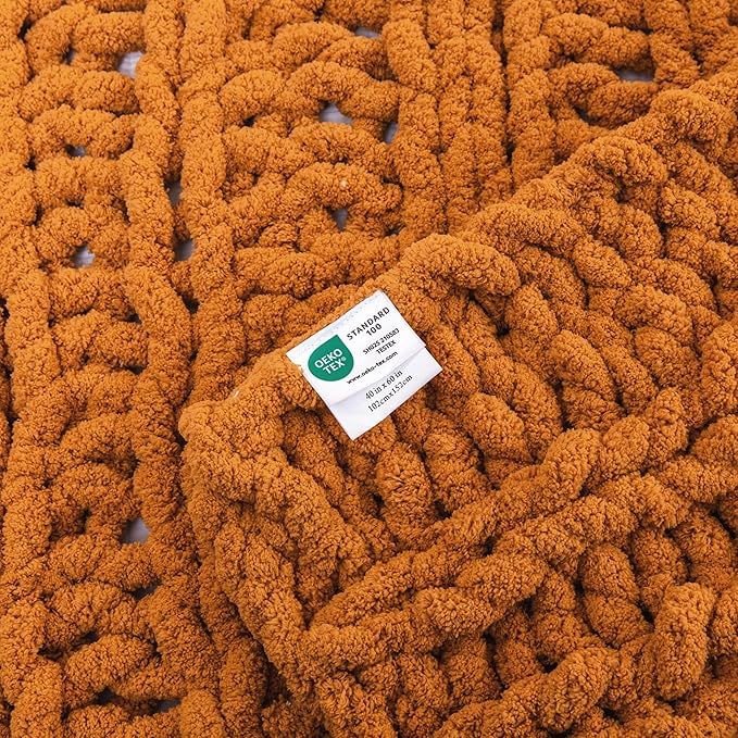 WESHIONGOO Chunky Knit Blanket Throw 40"×60" Knitted Throw Blankets for Couch Bed Fluffy Soft Blanket with Jumbo Chenille Yarn Thick 100% Handmade (Burnt Orange, Medium Size Throw)