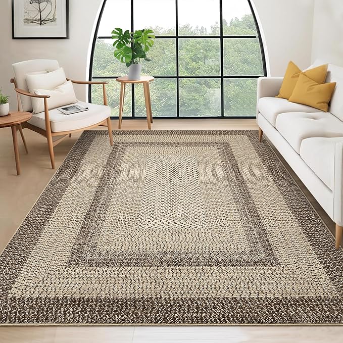 Large Bedroom Rug 6x9 Machine Washable Rug Braided Print Boho Throw Floor Cover Farmhouse Rustic Dining Room Carpet Geometric Bordered Braided Carpet for Living Room Home Office, Camel