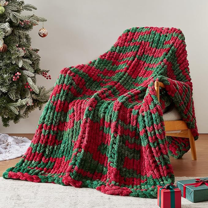 Negwoo Chunky Knit Throw Blanket, 30''*40'' Knitted Throw Chenille Yarn for Bed Couch, Handmade Stripe Crochet Big Thick Blanket, Machine Washable Cute Comfy Blanket for Home Decor