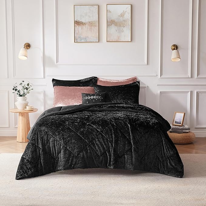 Intelligent Design King Comforter Set, Velvet Comforter Set , Luxury Diamond Quilting Comforter Set, Fluffy Comforter Bed Set with Decorative Pillowand 2 Shams, 4 Piece Black, King/ Cal King
