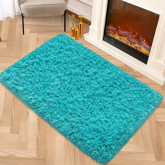 Small Fluffy Rugs for Bedroom 2x3 Teal Blue Shaggy Area Rug Soft Plush Fuzzy Fur Throw Rug for Living Room Dorm Kids Nursery Home Decor Aesthetic Carpets