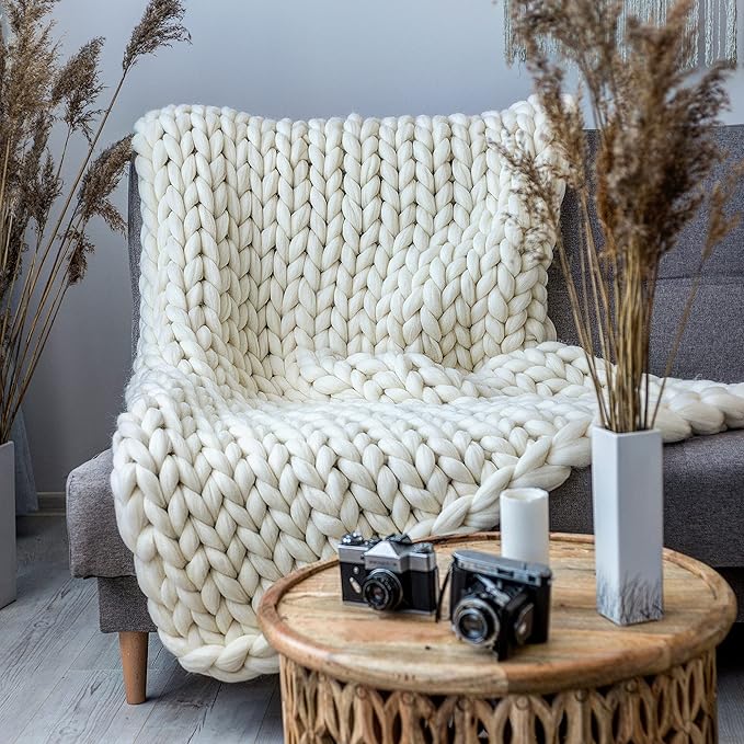 Chunky Knit Blanket, Boho Throw Blanket for Couch, Throw Blanket Knit Bed Scarf, Knitted Blanket, Supernatural Blanket, Wool Blanket for Home Decor or Gifts (Vanilla, 54"x75")