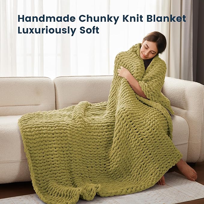 SLEEP ZONE Chunky Knit Throw Blanket for Couch, Throw Blankets for Bed - Hand Made Cozy Soft Large Rope Knot Heavy Blankets Home Decor (Green, 80x90in)