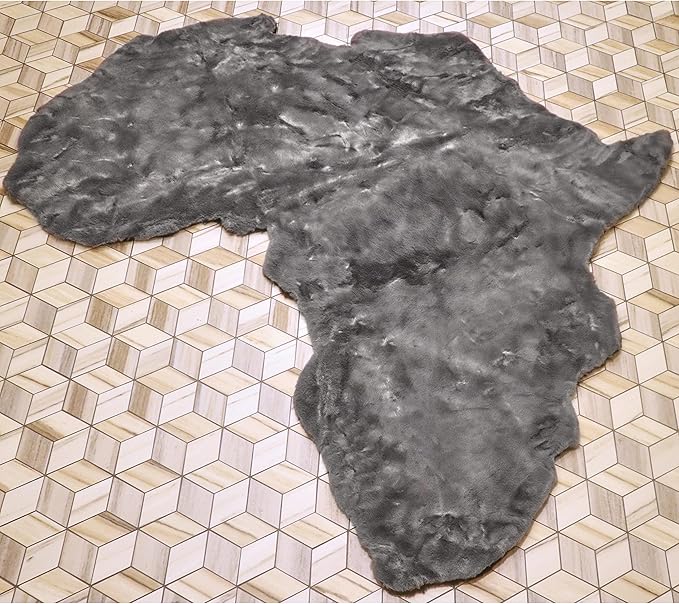 Lith African Map Faux Rabbit Fur Area Rug & Throw - Client Call It Impactful Gift - Soft Plush Luxurious Nursery + Living Room & Bedroom Floor or Chair Couch Sofa Bed Cover- 6x6 ft (Gray/Grey)