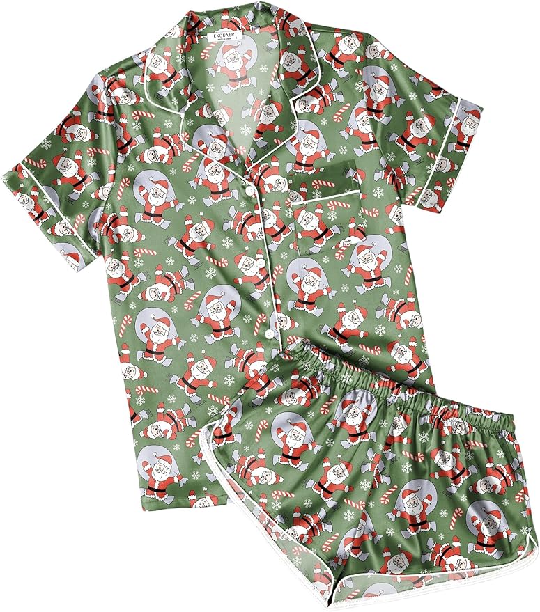 Ekouaer Womens Silk Satin Pajamas Short Sleeve PJS Shorts Set Soft Button Down Sleepwear 2 Piece Loungewear S-5XL