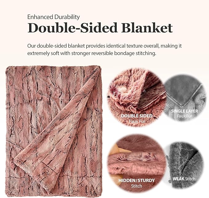 MHD l [Made in Korea] Premium Faux Fur Throw Blanket :Luxury Double-Sided 15mm Microfiber Blanket, 800 GSM :Dusty Rose, 60" x 79"
