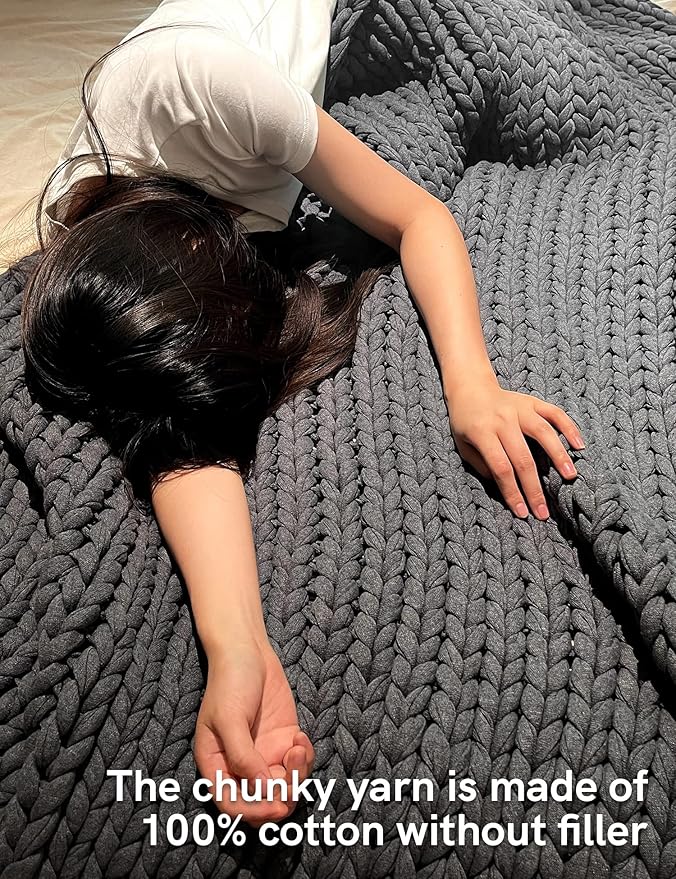 YnM 100% Cotton Weighted Blanket, Handmade Chunky Knitted Throw, No fillers Design, Soft and Breathable, Machine Washable Bed Blanket for Sleep or Home Decor (Dark Grey, 48x72 Inch, 20lbs)
