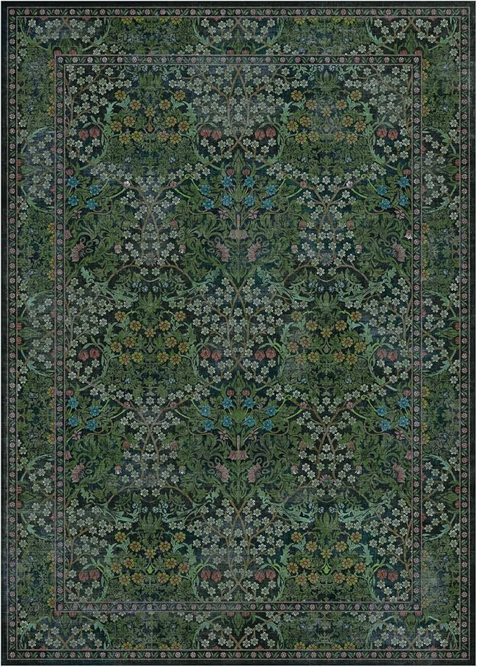 Lessymo Washable Entryway Rug 2x3, Front Door Mat Indoor Non-Slip Bathroom Small Area Rugs for Kitchen Bedroom Entry, Vintage Forest Floral Design, Forest Green