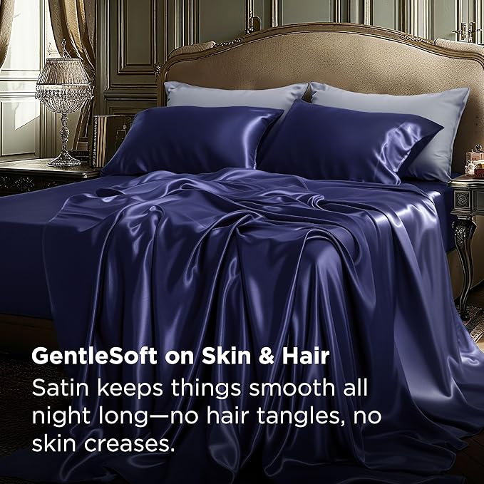 Bedsure Satin Sheets Full Size - 4 Piece Silky Bedsheets with 15 Inches Deep Pocket Fitted Bedsheet,1 Flat Sheet, 2 Satin Pillowcases, Good for Hair & Skin (Full, Navy)