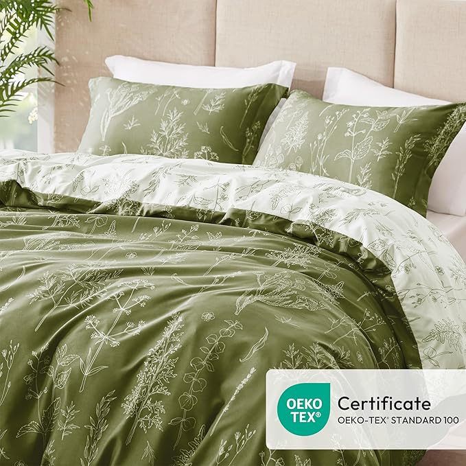 Love's cabin Olive Green Full Comforter Set - Full Size Comforter Set, 3 Pieces Cute Floral Bedding Sets for All Seasons,1 Soft Reversible Botanical Flowers Comforter and 2 Pillow Shams