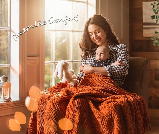 Chanasya Premium Textured Knit Throw Blanket with Tassels - Soft, Cozy Blanket for Couch, Bed, Living Room - 50" x 65” - Orange