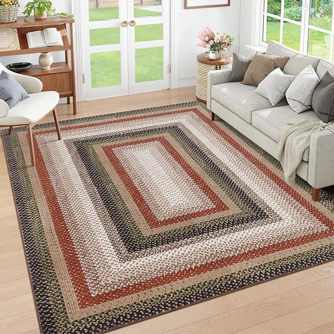 RUGSREAL Machine Washable Area Rug 6x9 Braided Rug for Living Room Modern Braid Printed Large Bedroom Rug Non Slip Dining Room Throw Rug Farmhouse Accent Carpet for Home Decor, Crimson/Earthy