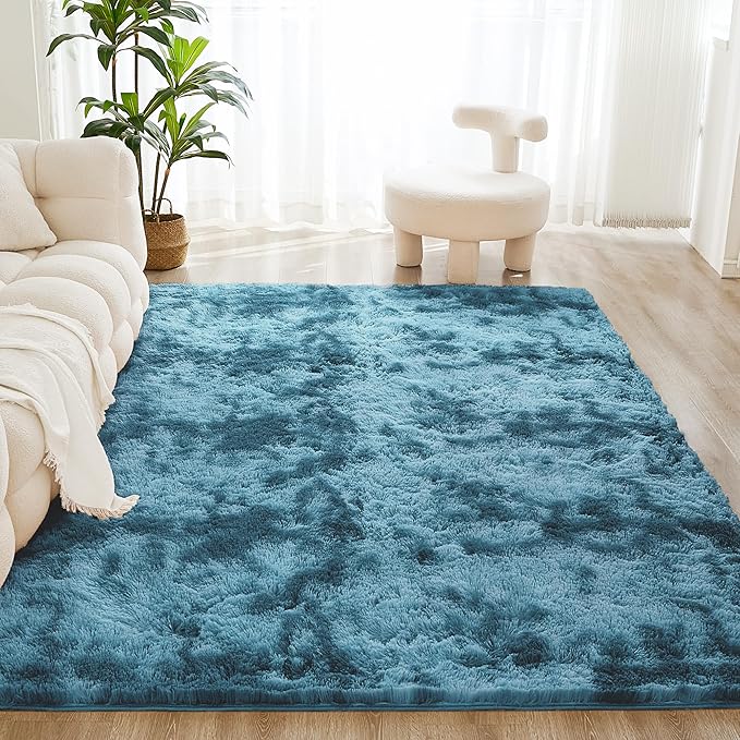 Litanika 9x12 Shag Area Rug for Living Room Bedroom, Tie-Dyed Blue High Pile Soft Plush Shaggy Furry Bedside Playroom Dorm Carpet, Non-Slip, Non-Shedding Modern Indoor Floor Rug