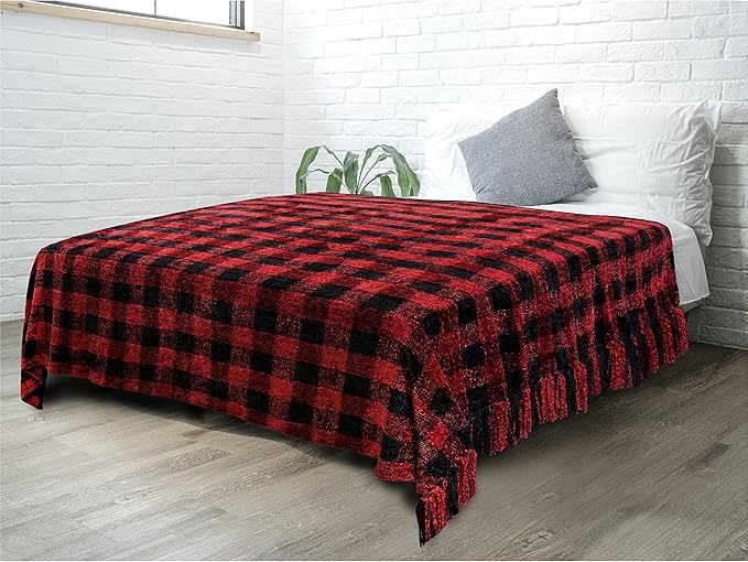 PAVILIA Plaid Chenille Blanket for Twin Size Bed, Soft Black and Red Buffalo Plaid Checkered with Tassel Fringe, Woven Knitted Decorative Blanket for Sofa Couch Living Room Decor Gift Twin 60x80