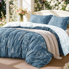 Love's cabin Bluish Grey Comforter Set Queen - Queen Size Comforter Set, 3 Pieces Cute Floral Bedding Sets for All Seasons,1 Soft Reversible Botanical Flowers Comforter and 2 Pillow Shams