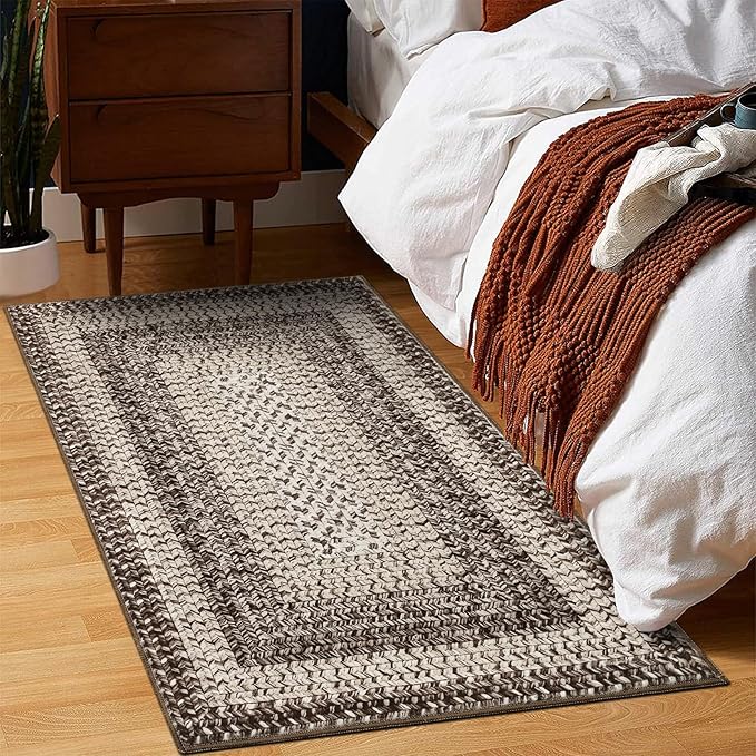 RUGSREAL Entryway Rug 2x3 Small Bedside Throw Mat with Rubber Backing Machine Washable Living Room Rug Non Slip Bathroom Mat Stain Resistant Braided Print Carpet for Dining Room Kitchen Hallway, Mocha
