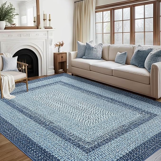 RUGSREAL Washable Rug 5x7 Boho Accent Carpet Modern Geometric Indoor Throw Floor Cover Braided Print Rugs Low Pile Non Slip Farmhouse Rustic Bohemian Carpet for Living Room Bedroom, Blue