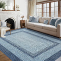 RUGSREAL 10x13 Large Living Room Rug Braided Print Rugs Boho Accent Throw Carpet Farmhouse Rustic Non Slip Geometric Bordered Area Rug Bohemian Carpet for Bedroom Home Decor Office, Blue