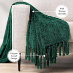 PAVILIA Emerald Green Throw Blanket for Couch, Twin Size Bed, Chenille Soft Knit Woven With Tassel, Decorative Textured for Sofa, Living Room 60x80