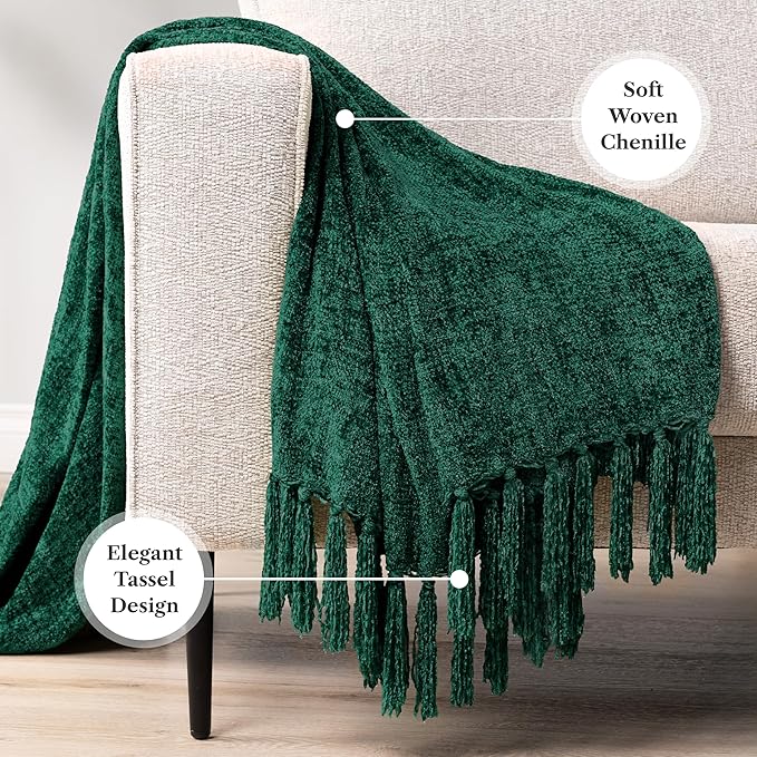 PAVILIA Emerald Green Throw Blanket for Couch, Twin Size Bed, Chenille Soft Knit Woven With Tassel, Decorative Textured for Sofa, Living Room 60x80