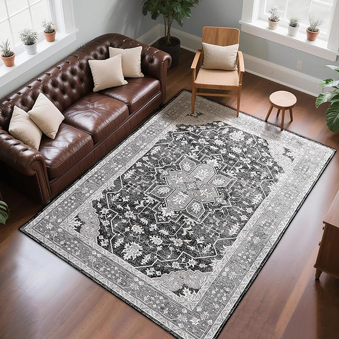 CRYPTOLITE 9x11 Area Rug for Living Room, Modern Washable Rug Non Slip Low Pile Large Area Rugs for Living Room, Bedroom, Farmhouse, Dining Room,Grey